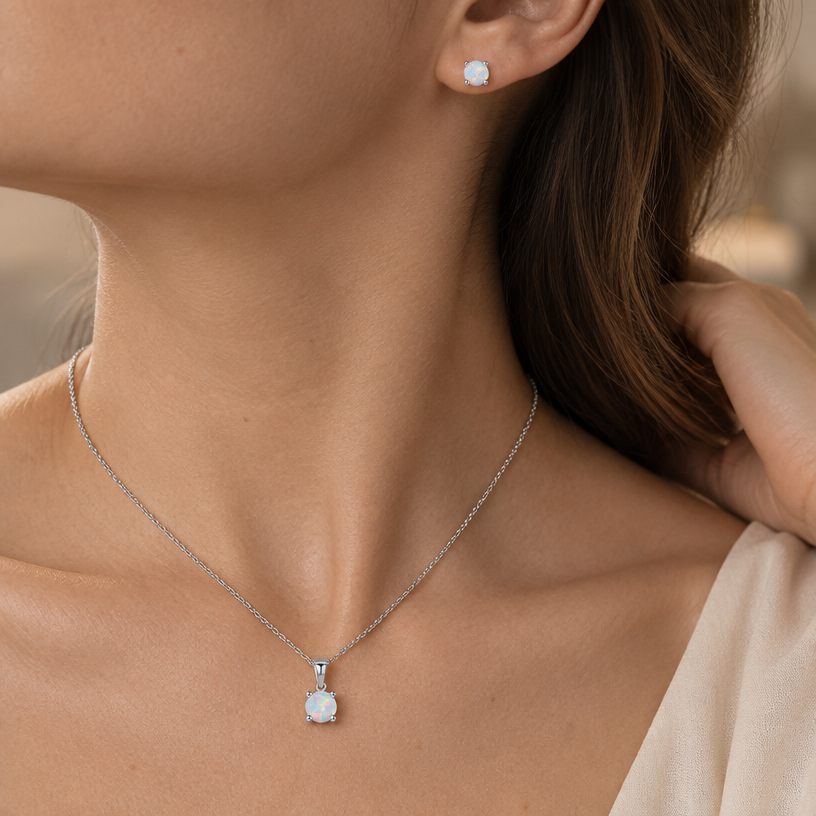 Jewelry photoshoot (worn)
Show the jewelry piece from the image worn by an elegant model in a professional editorial photograph, soft studio lighting. Reproduce the jewelry's exact design, metal, stones and details faithfully. Photorealistic, no text. Additional instructions: "Close-up editorial jewelry photo of a woman's neck, collarbone, ear, and upper chest, cropped so the face is fully out of frame. She wears soft, elegant clothing, only a small part of the fabric visible at the edge of the frame.
VARY THE POSE: do not repeat the same head tilt, shoulder position, or framing as previous generations. Use natural variations such as: head turned left or right, chin slightly up or down, one shoulder raised or relaxed, hair swept to either side or tucked back, camera angle shifted slightly higher or lower. Keep the framing tight on the neck, collarbone, and ear (face always out of frame), but make the pose feel distinct and natural.
She wears a sterling silver necklace with a round white opal pendant set in a simple four-prong setting, and a matching pair of round white opal stud earrings in the same four-prong setting.
METAL FINISH: the sterling silver must be rhodium-plated — bright, cool-white, and reflective with a polished mirror-like shine, not dull or matte. The metal should catch light naturally, without looking overly glossy, plastic, or artificially glowing.
STONE COLOR AND DETAIL: the opal stones must show a soft milky-white base with natural iridescent play-of-color — subtle flashes of pink, blue, green, and gold shifting across the surface, exactly like genuine mystical white opal. The opal should look smooth, slightly cloudy, and luminous, not clear or faceted like a cubic zirconia.
STRICT SIZE REQUIREMENT: the pendant and earrings must each be exactly 0.6cm, true to real-life scale against the neck, collarbone, and ear. Do not enlarge or oversize — the pieces should look small and delicate.
SKIN REALISM REQUIREMENT: skin must look completely natural and photorealistic — visible fine skin texture, natural pores, subtle imperfections, soft even tone. Avoid any smooth, plastic, airbrushed, CGI, or overly retouched look. Lighting soft and warm, casting natural gentle shadows.
CHAIN AND PENDANT POSITION: fine cable chain draping naturally in a soft V-shape along the collarbone, with the round opal pendant hanging centered at the lowest point of the chain, attached by a simple bail. The stud earrings sit naturally and securely on the earlobes, fully visible and in focus.
Background softly blurred, warm and neutral, shallow depth of field. Mood: elegant, minimal, intimate — natural high-end jewelry brand photography style, face not shown, jewelry clearly and accurately rendered in true color and correct scale.".