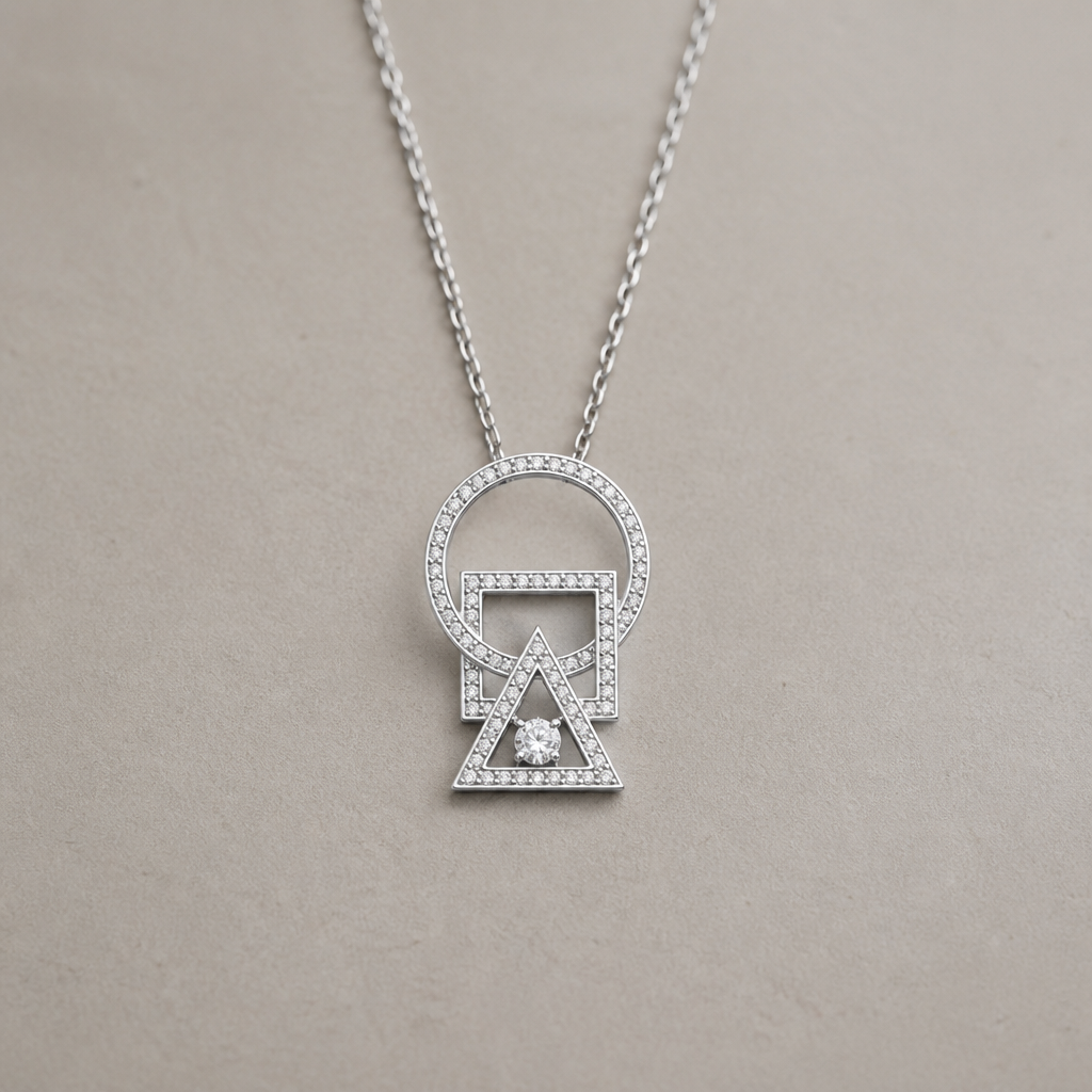 A minimalist women's necklace made of silver with diamond stones. Collier minimaliste simple avec diamant, utilisé plusieurs formes géométriques un rond, un carré et un triangle superposé, pour un côté moderne, en restant delicat et avec des détails léger
photorealistic jewelry design, A minimalist women's necklace made of silver with diamond stones. Collier minimaliste simple avec diamant, utilisé plusieurs formes géométriques un rond, un carré et un triangle superposé, pour un côté moderne, en restant delicat et avec des détails léger, minimalist style, just the design no text