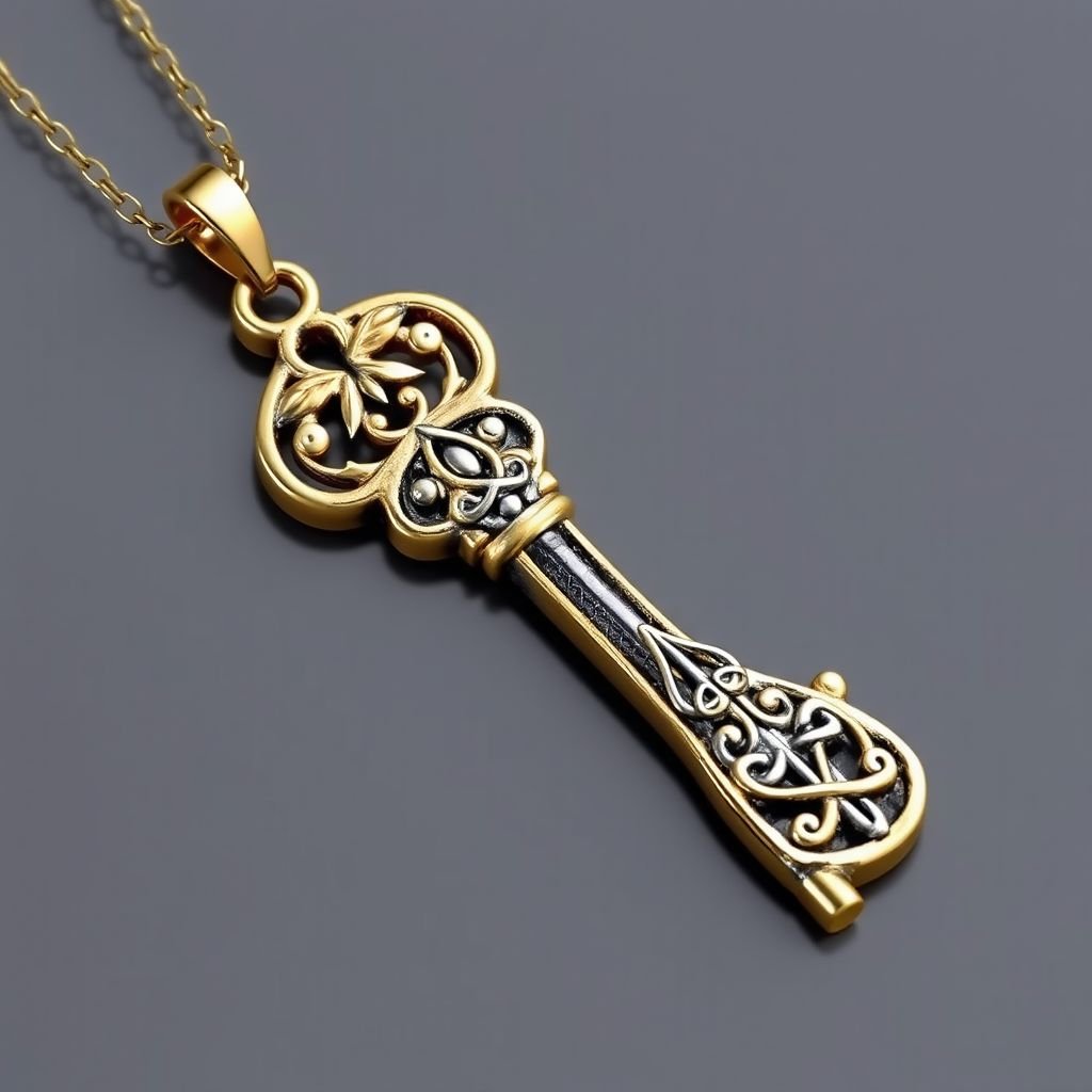 Old skeleton key shape gold and silver tones with olive branch turning on leg and keffieh print on the tip