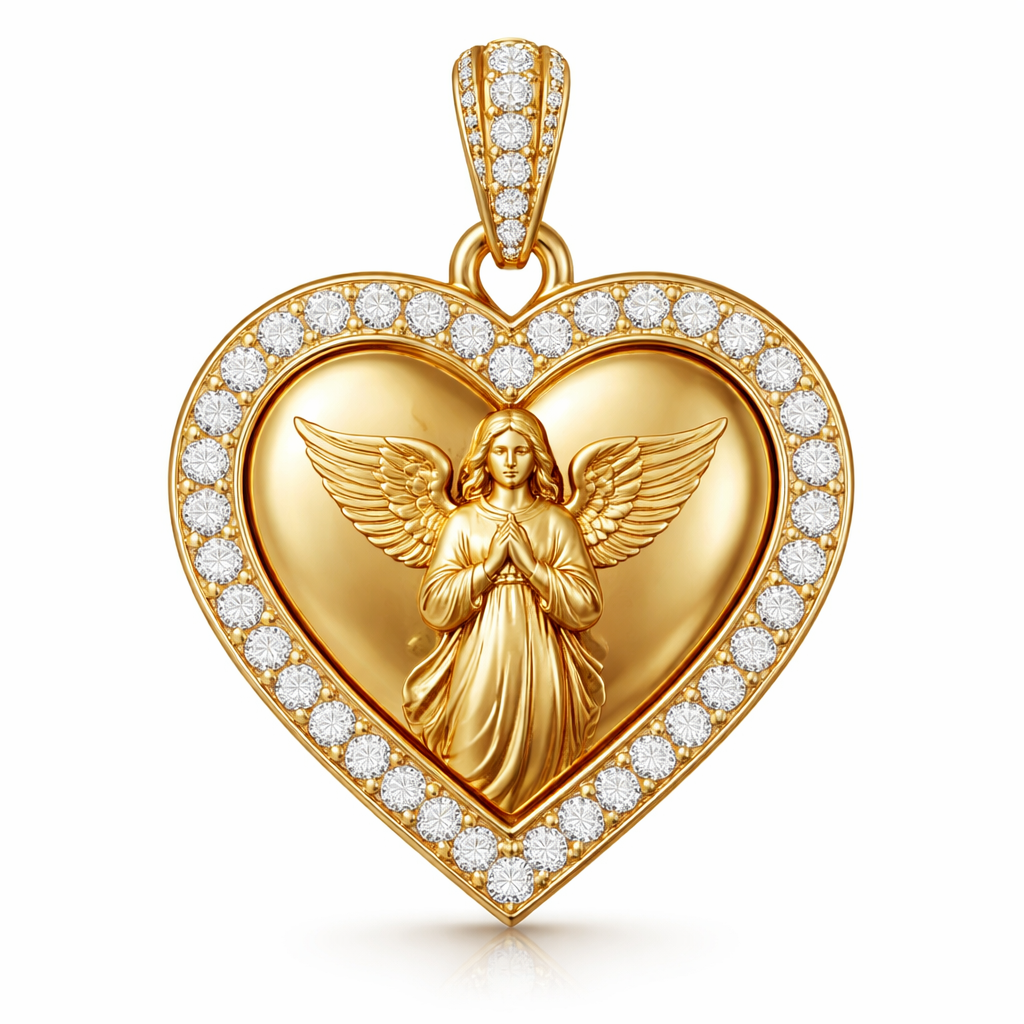 Gold heart pendant with guardian angel on surface and Pavé diamond border around heart, gold bale
Gold heart pendant with guardian angel on surface and Pavé diamond border around heart, gold bale, bespoke style