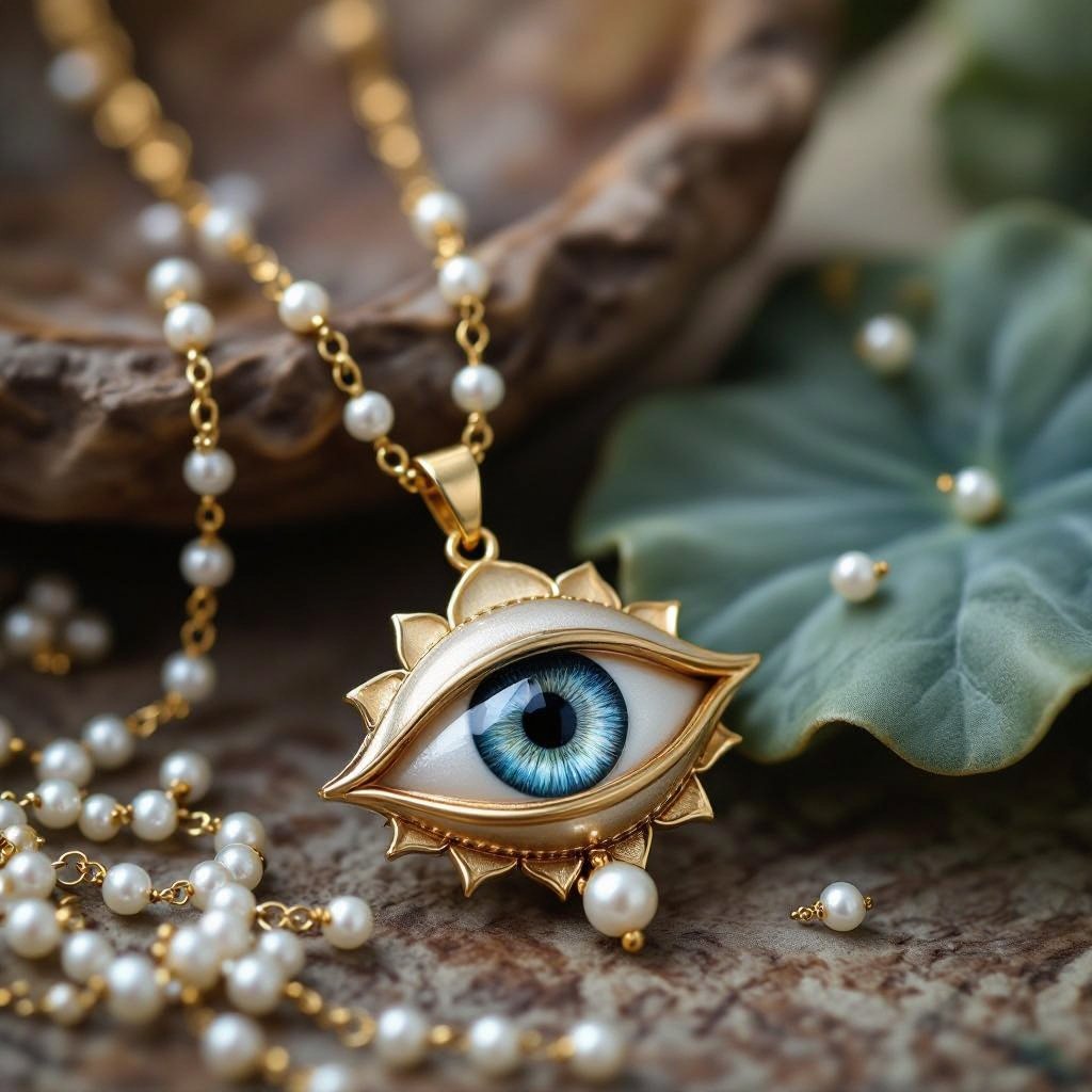 Кулон на длинной цепочке. Матовое светлое золото. В цепочке небольшие золотые шарики и жемчуг. Кулон в виде двух глаз над ними лотос узоры завитушки 