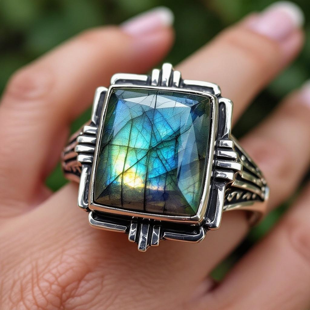 Labrodite square stone set in silver ring