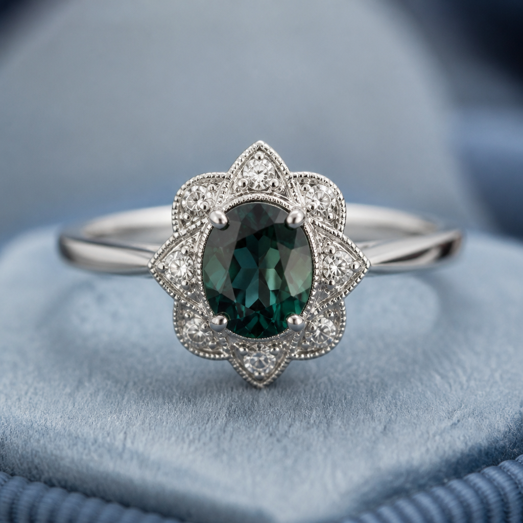 White gold ring with plain band and teal sapphire centre stone with vintage halo design
photorealistic jewelry design, White gold ring with plain band and teal sapphire centre stone with vintage halo design, vintage style, just the design no text