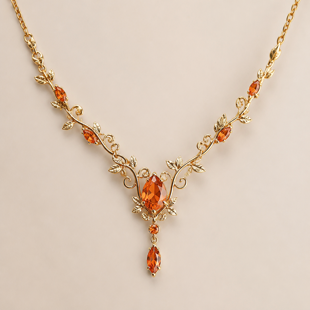 A nature-inspired women's necklace made of gold with topaz stones suitable for daily wear, highly ornate, intricate and elaborate, richly detailed. delicado y sencillo y que el topacio sea naranja con pequeñas hojas
photorealistic jewelry design, A nature-inspired women's necklace made of gold with topaz stones suitable for daily wear, highly ornate, intricate and elaborate, richly detailed. delicado y sencillo y que el topacio sea naranja con pequeñas hojas, nature_inspired style, just the design no text
