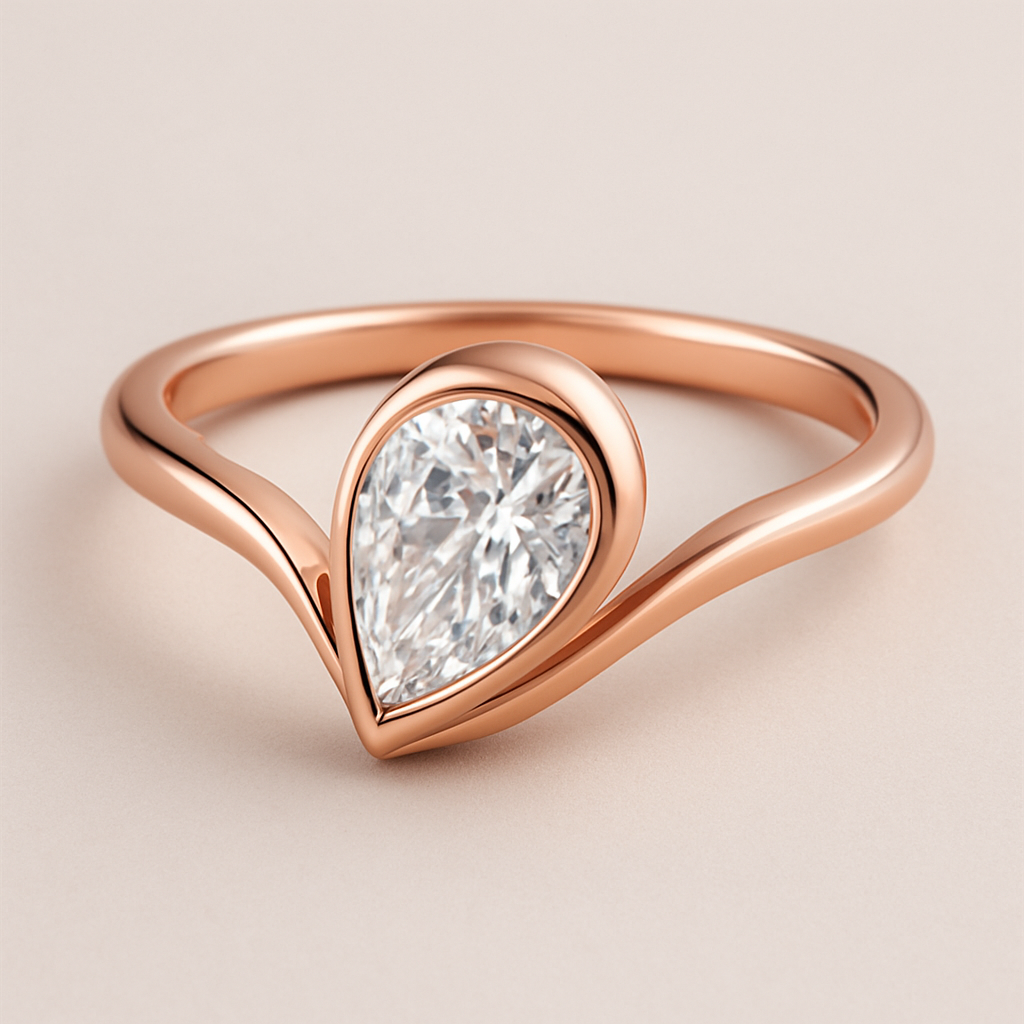 A modern and elegant rose gold ring featuring a 0.50-carat pear-shaped diamond set in a smooth bezel setting. The diamond is gently tilted to the left, forming a paisley-inspired silhouette that radiates feminine Yin energy — graceful, flowing, and intuitive. The polished rose gold band complements the organic curvature of the diamond, creating a refined balance between modern minimalism and soft, sensual elegance. 