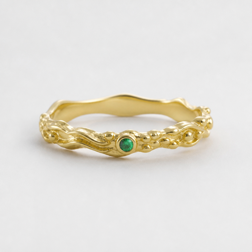 A women's ring made of gold with emerald stones suitable for wedding. un anillo un poco delicada, que su superficie no sea lisa, que tenga detalles significativos de la naturaleza del mar, etc.
que tenga una pequeña esmeralda en la mitad y que no sea 3D
photorealistic jewelry design, A women's ring made of gold with emerald stones suitable for wedding. un anillo un poco delicada, que su superficie no sea lisa, que tenga detalles significativos de la naturaleza del mar, etc.
que tenga una pequeña esmeralda en la mitad y que no sea 3D, modern style, just the design no text