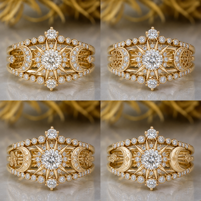 Give me different crescent moons
edit the attached jewelry design with these instructions: Give me different crescent moons. keep it photorealistic, just the design no text