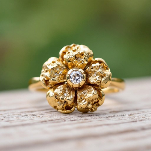 Natural Gold nugget flower ring with diamond in the center in a bezel setting 