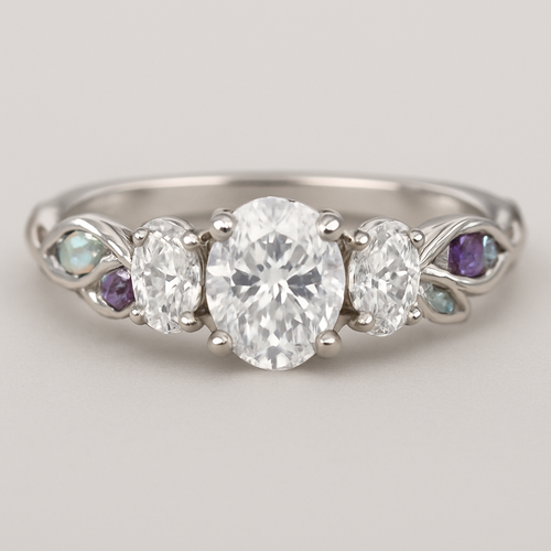 A silver engagement ring that has an oval lab diamond in the center and one on each side of the center one with a leaf design for the band. The leaves should have a combo of opal and amethyst stones in them.  The band should be a twist design 