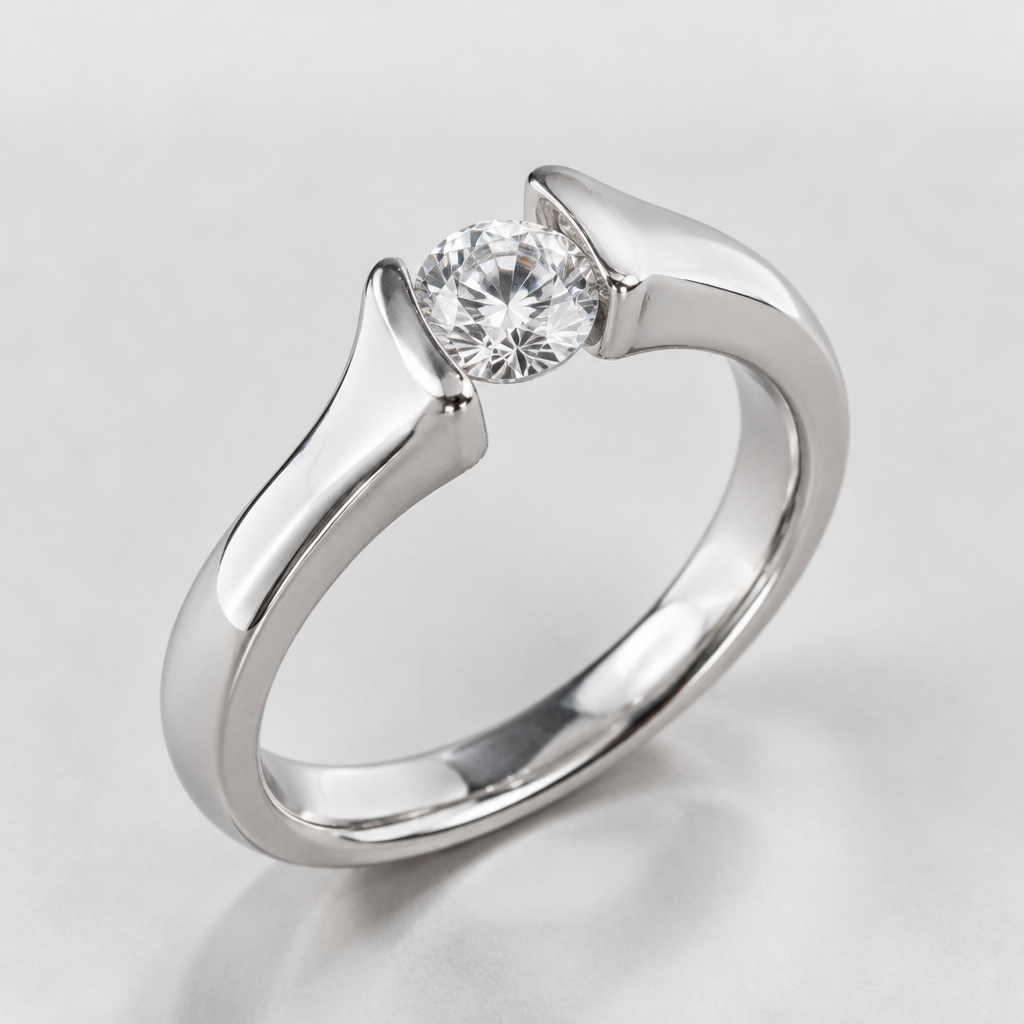 A tension women's ring made of silver suitable for engagement
photorealistic jewelry design, A tension women's ring made of silver suitable for engagement, tension style, just the design no text