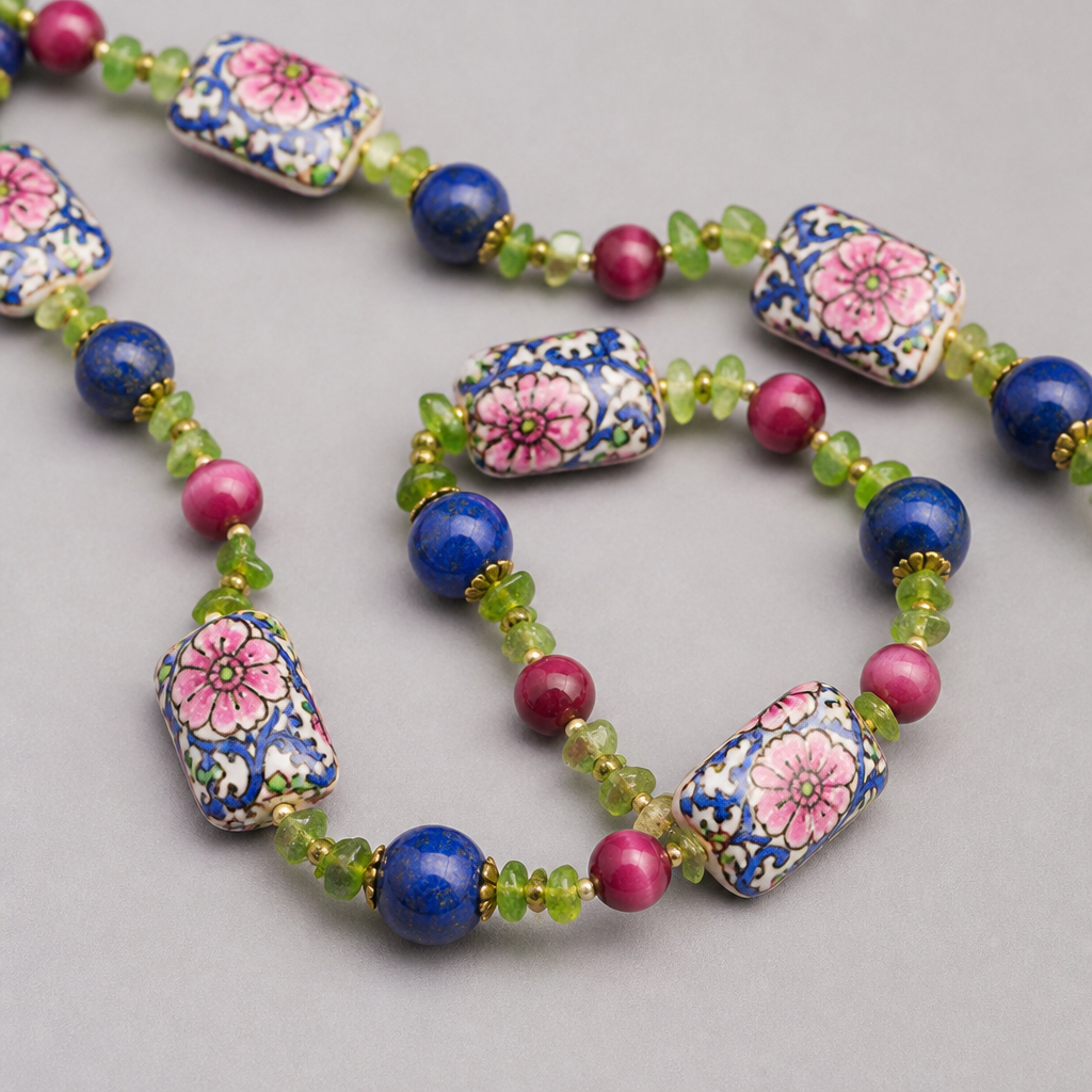 "12mm rectangular hand painted beads with pink flowers and blue vines with green and yellow spots, 8mm lapis round beads, pink tigers eye round beads
8.5 mm, 4-5mm peridot chips necklace "
photorealistic jewelry design, "12mm rectangular hand painted beads with pink flowers and blue vines with green and yellow spots, 8mm lapis round beads, pink tigers eye round beads
8.5 mm, 4-5mm peridot chips necklace ", bohemian style, just the design no text