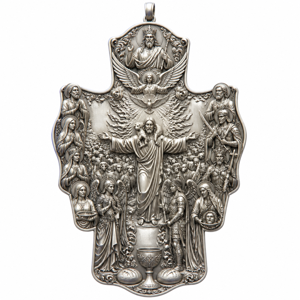 A artistic women's pendant made of silver suitable for festival. An extraordinary excellent beautiful delicate and elegant, super modern Cross, without stones, without background only the Cross, with Jesus Christ as the Good Shepherd with a beautiful delicate and elegant face, with long hair, with a beautiful delicate elegant and fit body, with His hands wide open to receive all of us, with a beautiful delicate elegant and beautifully ornated tunic, with a beautiful delicate and elegant sheep on His shoulders, with a beautiful delicate and elegant flock of beautiful delicate and elegant sheep backward of Him. Over Jesus Christ and the flock to be placed the Holy Spirit as an Angel with a beautiful delicate and elegant face, with long hair, with big wings flying, with a beautiful delicate elegant and fit body, with a beautiful delicate elegant and beautifully ornated tunic under the Angel to be placed a beautiful delicate and elegant dove flying both of them the Angel and the dove to be surrounded by tongues of fire radiating light to Jesus Christ and the flock. Over the Holy Spirit to be placed God the Father with a beautiful delicate and elegant face, with long hair, with a beautiful delicate elegant and fit body, with a beautiful delicate and elegant tunic, with a beautiful delicate and elegant sceptre at His left hand blessing the world with His right hand, with a beautiful delicate elegant and beautifully ornated crown on His head. At the bottom of the Cross to be placed the Holy Communion with a beautiful delicate elegant and beautifully ornated chalice and two breads around the chalice. At the lower right side of the Cross to be stacked one by one Saint John the Baptist with a beautiful delicate elegant and beautifully ornated platter with his head on it. Over Saint John the Baptist to be placed Saint Constantine with a beautiful delicate and elegant face, with long hair, with a beautiful delicate and elegant crown on his head, with a beautiful delicate elegant and fit body, with a beautiful delicate and elegant armour holding a beautiful delicate elegant and beautifully ornated Cross. Over Saint Constantine to be placed Saint George with a beautiful delicate and elegant face, with long hair, with a beautiful delicate elegant and beautifully ornated helmet with a beautiful delicate elegant and fit body, with a beautiful delicate elegant and beautifully ornated armour, holding a beautiful delicate and elegant sword with his right hand at low position and near the floor giving respect to the Holy Trinity and Praying. Over Saint George to be placed Saint Peter the Apostle Praying. At the left lower side of the Cross to be placed stacked Saint Paraskevi with a beautiful delicate and elegant face, with long hair, with a beautiful delicate elegant and beautifully curved body, with a beautiful delicate elegant and beautifully ornated tunic holding a bowl with two eyes in it. Over Saint Paraskevi to be placed Saint Irene with a beautiful delicate and elegant face, with long hair, with a beautiful delicate elegant and beautifully ornated wreath on her head, with a beautiful delicate elegant and beautifully curved body, with a beautiful delicate elegant and beautifully ornated tunic Praying. Over Saint Irene to be placed Virgo Maria with a beautiful delicate and elegant face, with beautifully ornated long hair, with a beautiful delicate elegant and beautifully curved body, with a beautiful delicate elegant and beautifully ornated tunic Praying. Over Virgo Maria to be placed Saint Paul the Apostle Praying. At the right side of the Cross to be placed Saint Michael the Archangel with a beautiful delicate and elegant face, with long hair, with a beautiful delicate elegant and beautifully ornated helmet, with a beautiful delicate elegant and fit body, with big wings flying, with a beautiful delicate elegant and beautifully ornated armour, holding His beautiful delicate elegant and beautifully ornated sword low to the ground giving respect to the Holy Trinity and Praying. In front of Saint Michael the Archangel to be placed Saint Gabriel the Archangel with a beautiful delicate and elegant face, with long hair, with a beautiful delicate elegant and beautifully ornated helmet on His head, with a beautiful delicate elegant and fit body, with big wings flying, with a beautiful delicate elegant and beautifully ornated armour, holding a beautiful delicate elegant and beautifully ornated bucket of lilyes and Praying. At the left side of the Cross to be placed Saint Rafael the Archangel with a beautiful delicate and elegant face, with long hair, with a beautiful delicate elegant and beautifully ornated helmet, with a beautiful delicate elegant and fit body, with big wings flying, with a beautiful delicate elegant and beautifully ornated armour, holding a beautiful delicate elegant and beautifully ornated sword with his right hand low giving respect to the Holy Trinity and Praying. In front of Saint Rafael the Archangel to be placed the Guardian Angel with a beautiful delicate and elegant face, with long hair, with a beautiful delicate elegant and beautifully ornated with flowers wreath on His head, with a beautiful delicate elegant and fit body, with a beautiful delicate elegant and beautifully ornated tunic Praying. Make all the Angels, the Saints, God the Father, the Holy Spirit and Jesus Christ and the flock as statues.
photorealistic jewelry design, A artistic women's pendant made of silver suitable for festival. An extraordinary excellent beautiful delicate and elegant, super modern Cross, without stones, without background only the Cross, with Jesus Christ as the Good Shepherd with a beautiful delicate and elegant face, with long hair, with a beautiful delicate elegant and fit body, with His hands wide open to receive all of us, with a beautiful delicate elegant and beautifully ornated tunic, with a beautiful delicate and elegant sheep on His shoulders, with a beautiful delicate and elegant flock of beautiful delicate and elegant sheep backward of Him. Over Jesus Christ and the flock to be placed the Holy Spirit as an Angel with a beautiful delicate and elegant face, with long hair, with big wings flying, with a beautiful delicate elegant and fit body, with a beautiful delicate elegant and beautifully ornated tunic under the Angel to be placed a beautiful delicate and elegant dove flying both of them the Angel and the dove to be surrounded by tongues of fire radiating light to Jesus Christ and the flock. Over the Holy Spirit to be placed God the Father with a beautiful delicate and elegant face, with long hair, with a beautiful delicate elegant and fit body, with a beautiful delicate and elegant tunic, with a beautiful delicate and elegant sceptre at His left hand blessing the world with His right hand, with a beautiful delicate elegant and beautifully ornated crown on His head. At the bottom of the Cross to be placed the Holy Communion with a beautiful delicate elegant and beautifully ornated chalice and two breads around the chalice. At the lower right side of the Cross to be stacked one by one Saint John the Baptist with a beautiful delicate elegant and beautifully ornated platter with his head on it. Over Saint John the Baptist to be placed Saint Constantine with a beautiful delicate and elegant face, with long hair, with a beautiful delicate and elegant crown on his head, with a beautiful delicate elegant and fit body, with a beautiful delicate and elegant armour holding a beautiful delicate elegant and beautifully ornated Cross. Over Saint Constantine to be placed Saint George with a beautiful delicate and elegant face, with long hair, with a beautiful delicate elegant and beautifully ornated helmet with a beautiful delicate elegant and fit body, with a beautiful delicate elegant and beautifully ornated armour, holding a beautiful delicate and elegant sword with his right hand at low position and near the floor giving respect to the Holy Trinity and Praying. Over Saint George to be placed Saint Peter the Apostle Praying. At the left lower side of the Cross to be placed stacked Saint Paraskevi with a beautiful delicate and elegant face, with long hair, with a beautiful delicate elegant and beautifully curved body, with a beautiful delicate elegant and beautifully ornated tunic holding a bowl with two eyes in it. Over Saint Paraskevi to be placed Saint Irene with a beautiful delicate and elegant face, with long hair, with a beautiful delicate elegant and beautifully ornated wreath on her head, with a beautiful delicate elegant and beautifully curved body, with a beautiful delicate elegant and beautifully ornated tunic Praying. Over Saint Irene to be placed Virgo Maria with a beautiful delicate and elegant face, with beautifully ornated long hair, with a beautiful delicate elegant and beautifully curved body, with a beautiful delicate elegant and beautifully ornated tunic Praying. Over Virgo Maria to be placed Saint Paul the Apostle Praying. At the right side of the Cross to be placed Saint Michael the Archangel with a beautiful delicate and elegant face, with long hair, with a beautiful delicate elegant and beautifully ornated helmet, with a beautiful delicate elegant and fit body, with big wings flying, with a beautiful delicate elegant and beautifully ornated armour, holding His beautiful delicate elegant and beautifully ornated sword low to the ground giving respect to the Holy Trinity and Praying. In front of Saint Michael the Archangel to be placed Saint Gabriel the Archangel with a beautiful delicate and elegant face, with long hair, with a beautiful delicate elegant and beautifully ornated helmet on His head, with a beautiful delicate elegant and fit body, with big wings flying, with a beautiful delicate elegant and beautifully ornated armour, holding a beautiful delicate elegant and beautifully ornated bucket of lilyes and Praying. At the left side of the Cross to be placed Saint Rafael the Archangel with a beautiful delicate and elegant face, with long hair, with a beautiful delicate elegant and beautifully ornated helmet, with a beautiful delicate elegant and fit body, with big wings flying, with a beautiful delicate elegant and beautifully ornated armour, holding a beautiful delicate elegant and beautifully ornated sword with his right hand low giving respect to the Holy Trinity and Praying. In front of Saint Rafael the Archangel to be placed the Guardian Angel with a beautiful delicate and elegant face, with long hair, with a beautiful delicate elegant and beautifully ornated with flowers wreath on His head, with a beautiful delicate elegant and fit body, with a beautiful delicate elegant and beautifully ornated tunic Praying. Make all the Angels, the Saints, God the Father, the Holy Spirit and Jesus Christ and the flock as statues., artistic style, just the design no text