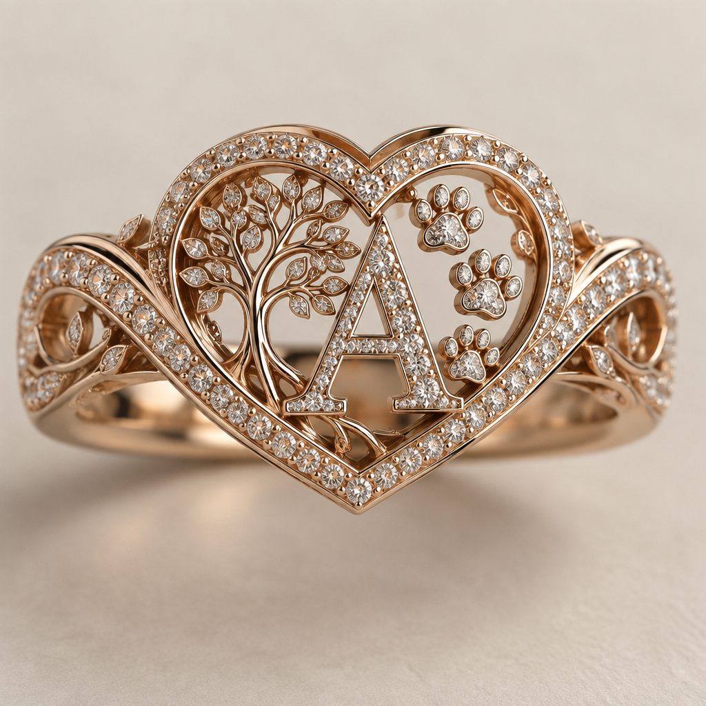 A women's ring, highly ornate, intricate and elaborate, richly detailed. Anillo con forma de corazon y lo que rodea al dedo de infinito, Letra A al centro, con el Árbol de la vida y 3 huellitas de perro
photorealistic jewelry design, A women's ring, highly ornate, intricate and elaborate, richly detailed. Anillo con forma de corazon y lo que rodea al dedo de infinito, Letra A al centro, con el Árbol de la vida y 3 huellitas de perro, modern style, just the design no text