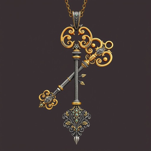 Old skeleton key shape gold and silver tones with olive branch turning on leg and keffieh print on the tip