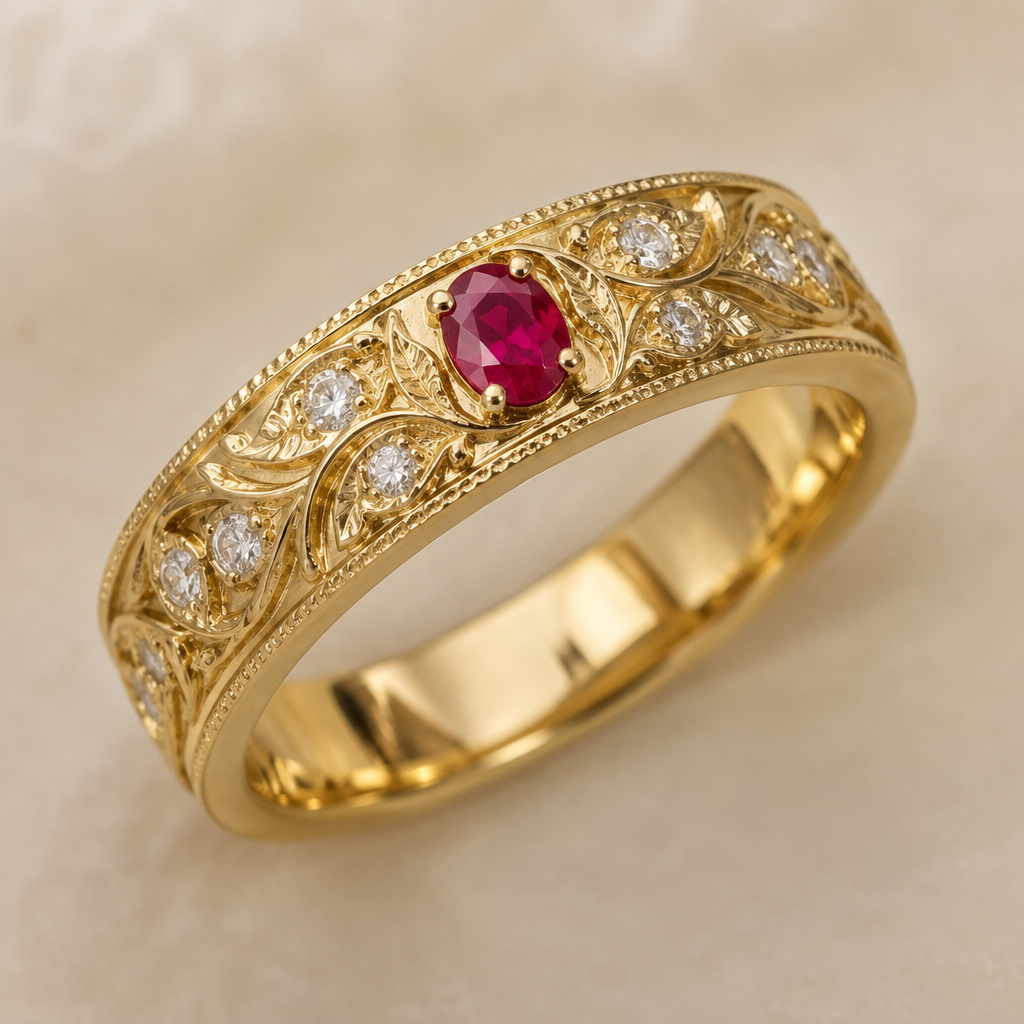 A gold women's ring made of gold with diamond and ruby stones suitable for wedding. medium thickness gold wedding band engraved, with small diamonds and one ruby
photorealistic jewelry design, A gold women's ring made of gold with diamond and ruby stones suitable for wedding. medium thickness gold wedding band engraved, with small diamonds and one ruby, gold style, just the design no text
