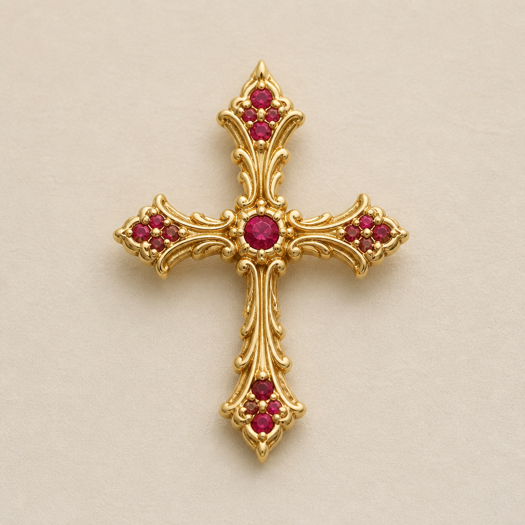 Dainty and feminine Gold cross with rubies, majority gold . Hidden bail
photorealistic jewelry design, Dainty and feminine Gold cross with rubies, majority gold . Hidden bail, bespoke style, just the design no text