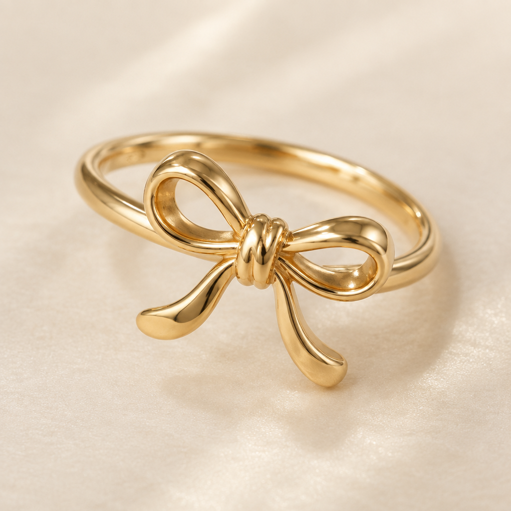A minimalist women's ring made of gold suitable for gift, detailed and decorative, moderately ornate. ring with the aesthetic ribbon design and the ribbon is tilting to right a little bit.
the ring goes around the ribbon not under the ribbon.
the ribbon is tied like a single knot.
the ribbon has two same size loops.
the ribbon is rounded design not flat.
both of the ribbon tails is a little bit bendy one to the right and the other to the left.
photorealistic jewelry design, A minimalist women's ring made of gold suitable for gift, detailed and decorative, moderately ornate. ring with the aesthetic ribbon design and the ribbon is tilting to right a little bit.
the ring goes around the ribbon not under the ribbon.
the ribbon is tied like a single knot.
the ribbon has two same size loops.
the ribbon is rounded design not flat.
both of the ribbon tails is a little bit bendy one to the right and the other to the left., minimalist style, just the design no text