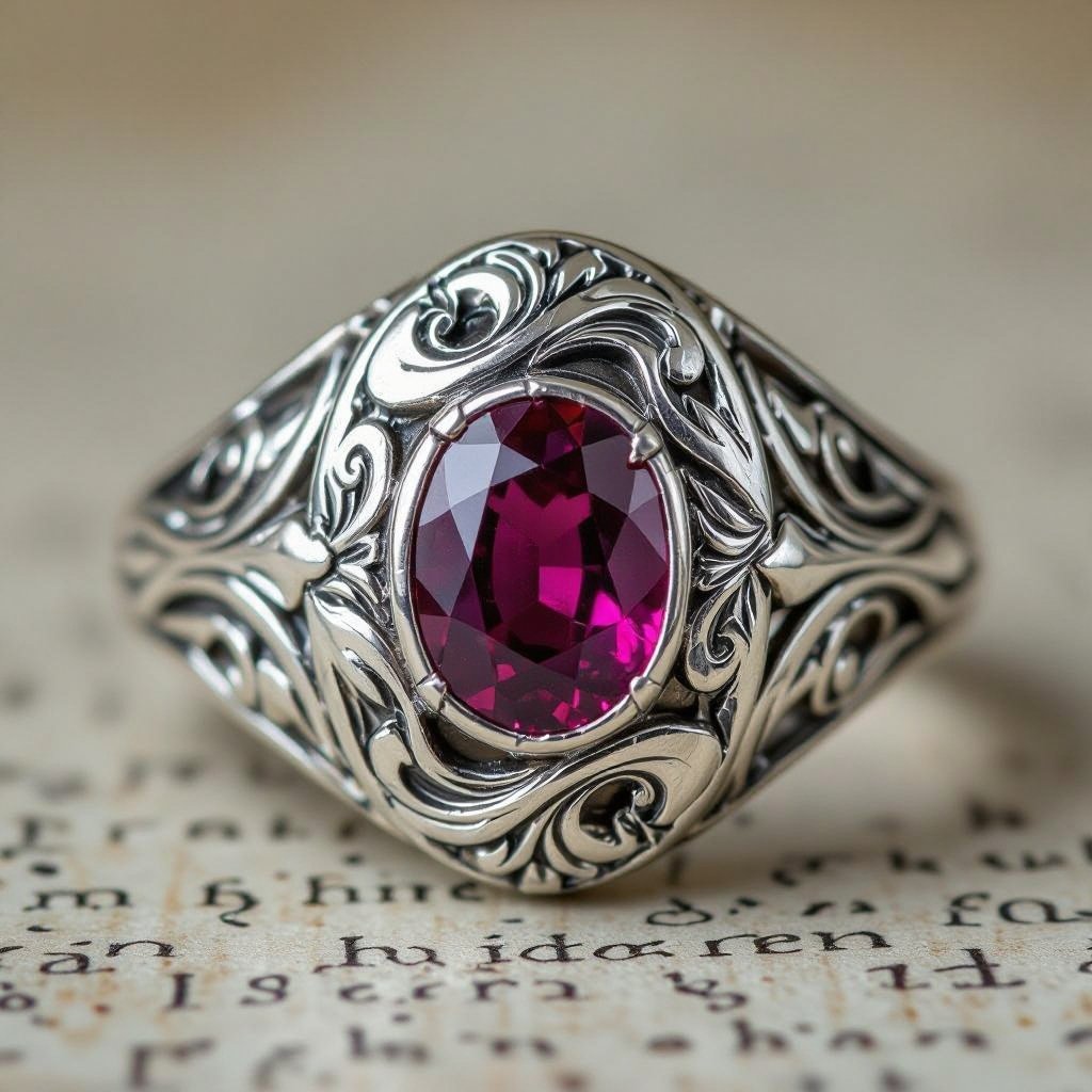 Red stone, silver, college class ring for women, VDI inside the stone