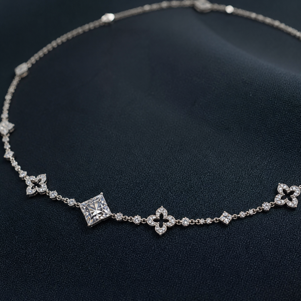 "Can u make a necklace choker type
But i want the necklace to be diamond shaped pendant and van cleef flower pendant pattern type but it to be a diamond necklace please
Like one diamond n the other one van cleef
photorealistic jewelry design, "Can u make a necklace choker type
But i want the necklace to be diamond shaped pendant and van cleef flower pendant pattern type but it to be a diamond necklace please
Like one diamond n the other one van cleef , just the design no text