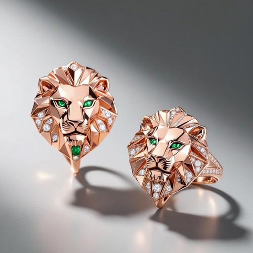 Earrings set of Lion king edges Geometric lion ring of rose gold and white goldGeomatricw lion of architecture shape and edge of diamonds and emerlad of rose gold 