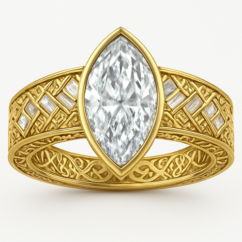 Bezel set 6 carat marquise diamond center stone with baguette diamonds in a herringbone pattern in the band