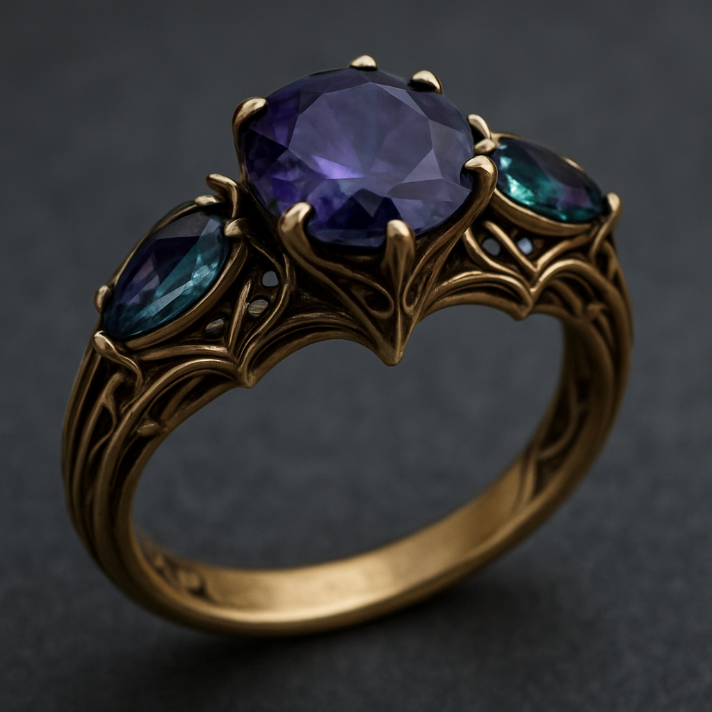 2 carawith claw prongs and marquise alexandrite side stones set in a yellow gold flared shank 