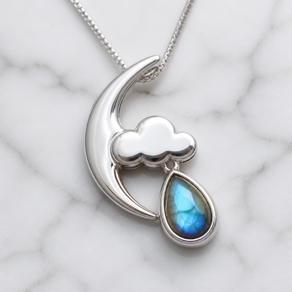 A women's ring. A detailed photorealistic jewelry design render of a simple yet unique sterling silver pendant, specifically for a teenage girl. The design features a whimsical, delicately sculpted silver crescent moon and stylized cloud motif, polished to a high mirror finish. The uploaded stone from the image is set artfully beneath the cloud within a protective silver bezel, appearing as a whimsical drop of rain or a falling star. The silver design is non-standard, with smooth, flowing lines that frame the stone to conceal visible flaws while emphasizing its beautiful color. Close-up macro studio photography from a slight angle, soft diffused light on a clean white marble background. The pendant hangs from a thin silver box chain.
photorealistic jewelry design, A women's ring. A detailed photorealistic jewelry design render of a simple yet unique sterling silver pendant, specifically for a teenage girl. The design features a whimsical, delicately sculpted silver crescent moon and stylized cloud motif, polished to a high mirror finish. The uploaded stone from the image is set artfully beneath the cloud within a protective silver bezel, appearing as a whimsical drop of rain or a falling star. The silver design is non-standard, with smooth, flowing lines that frame the stone to conceal visible flaws while emphasizing its beautiful color. Close-up macro studio photography from a slight angle, soft diffused light on a clean white marble background. The pendant hangs from a thin silver box chain., modern style, just the design no text
