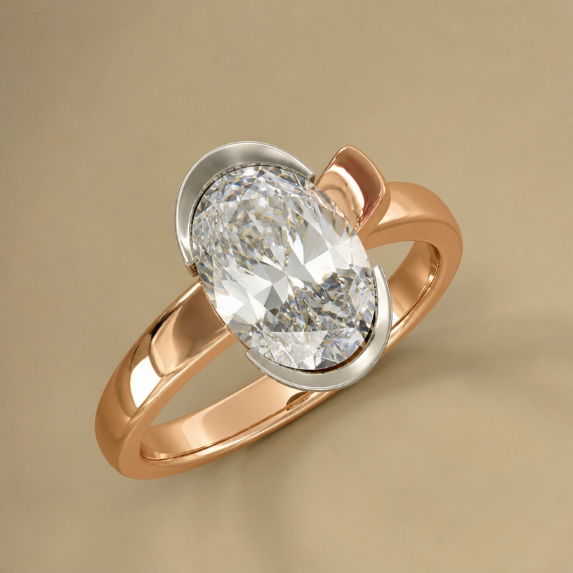 A women's ring. with a 10 ct oval
platinum half bezel like picture
rose gold band
using the attached image as a visual reference, create A women's ring. with a 10 ct oval
platinum half bezel like picture
rose gold band. photorealistic, just the design no text
