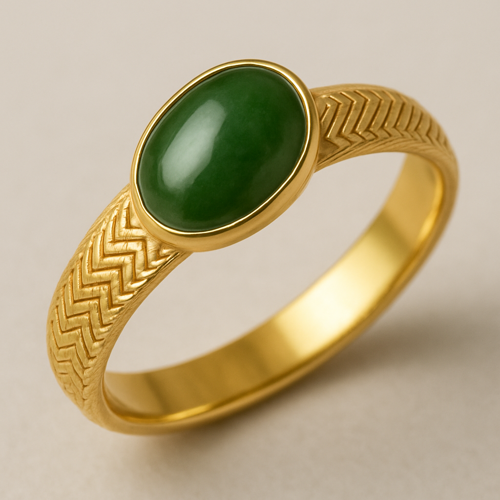 Yellow gold herringbone pattern band with an oval nephrite jade scented stone