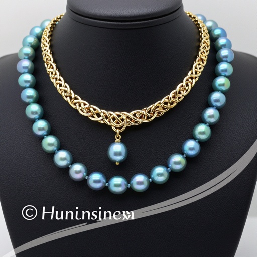 A 10 carrot gold chain blue freshwater sea Pearl Necklace with Celtic knot designs 