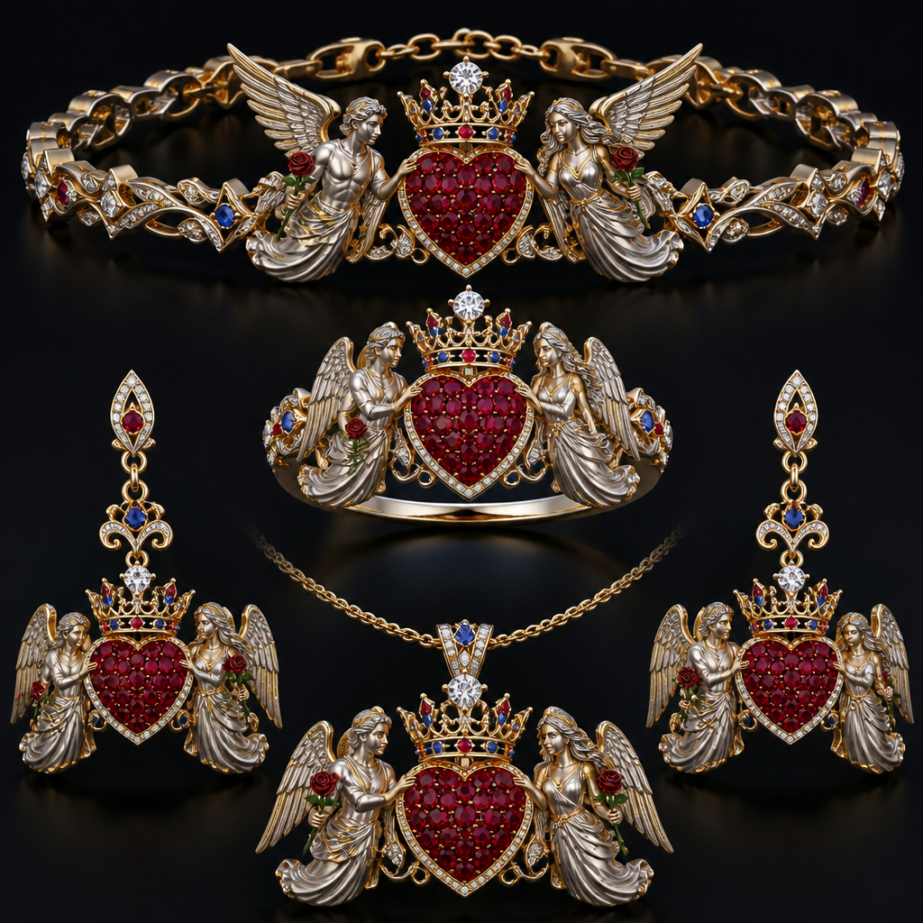 A royal women's ring made of mixed metal with diamond and ruby and sapphire stones suitable for wedding. An extraordinary excellent beautiful delicate and elegant set of jewelry with one ring, two ear rings, one pendant and one bracelet, with a heart in the middle which will be full of rubies, an extraordinary beautiful delicate and elegant female Angel with long hair at the right side of the heart and an extraordinary fit beautiful delicate and elegant male Angel at the left side of the heart, both Angels are to hold a heart with their right hand and a rose with their left hand, over the central heart is to be placed a beautiful, delicate elegant and extraordinary excellent crown with a diamond at the middle of the crown and around the crown to be placed rubies and sapphires the crown to be placed on the heart.