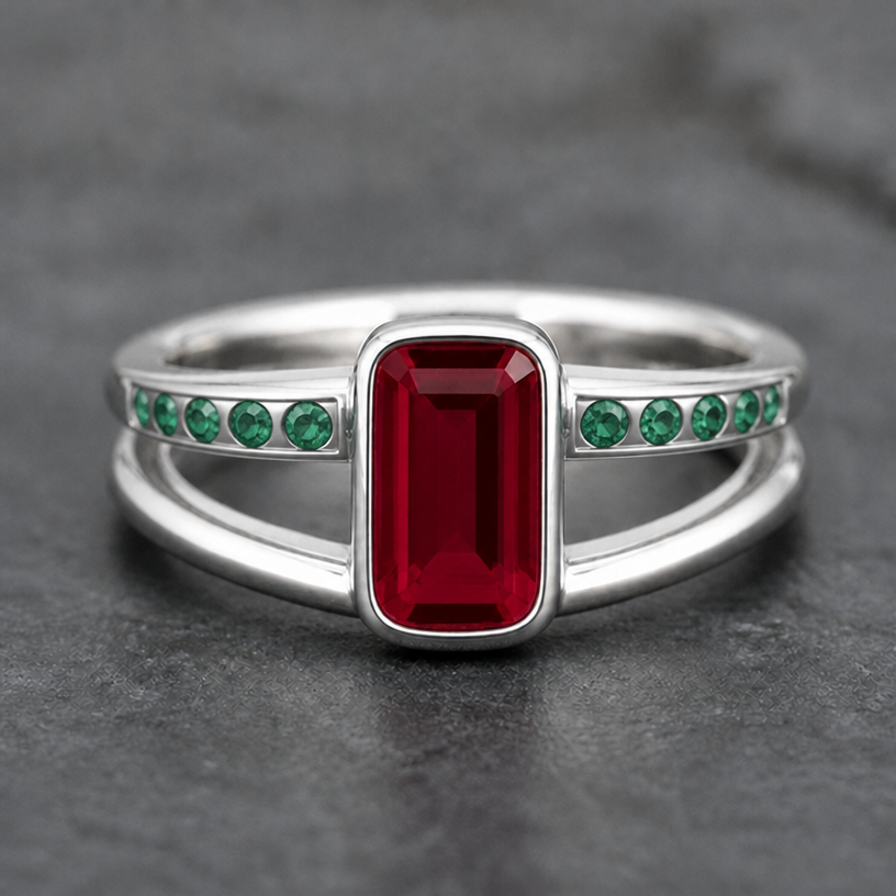 add flush set round emeralds to shank
edit the attached jewelry design with these instructions: add flush set round emeralds to shank. keep it photorealistic, just the design no text