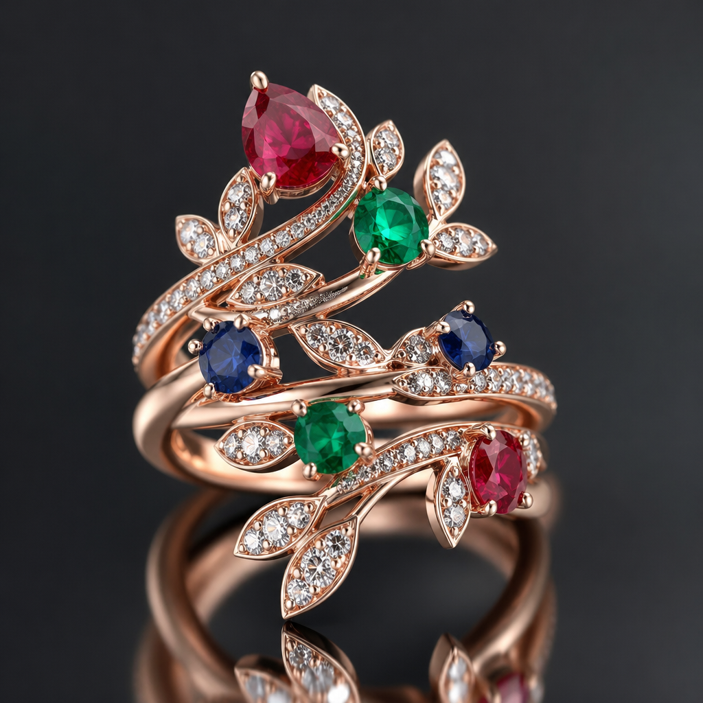 A women's ring. Exquisite spiral wrap ring designed as a botanical vine, rose gold metal, featuring a mix of colorful gemstones: rubies, emeralds, and sapphires, vibrant colors, sparkling diamonds accents, realistic reflections, 4k render, jewelry store quality.
photorealistic jewelry design, A women's ring. Exquisite spiral wrap ring designed as a botanical vine, rose gold metal, featuring a mix of colorful gemstones: rubies, emeralds, and sapphires, vibrant colors, sparkling diamonds accents, realistic reflections, 4k render, jewelry store quality., modern style, just the design no text