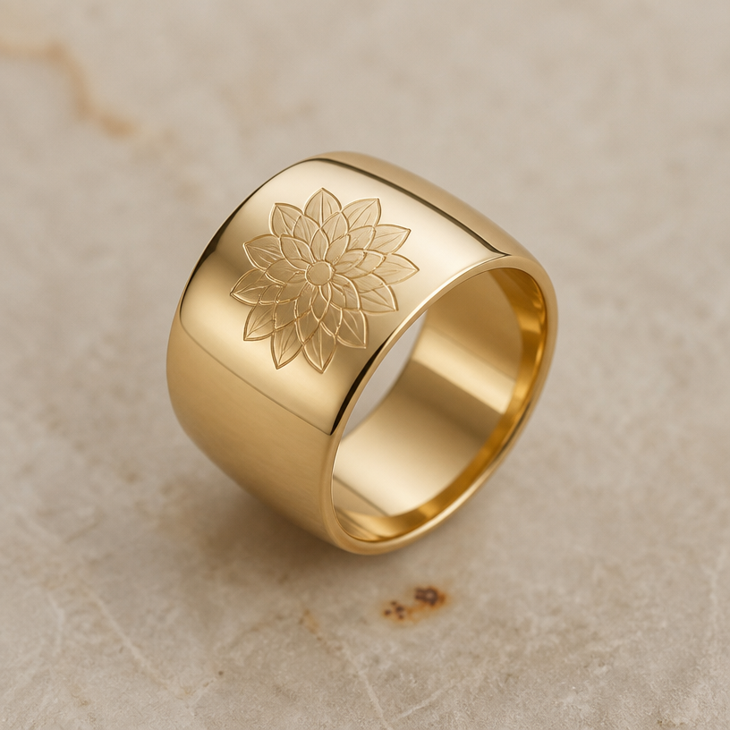 A luxury women's ring made of gold, minimalist, simple and delicate, clean lines. stamp a minimalist dahlia on top
using the attached image as a visual reference, create A luxury women's ring made of gold, minimalist, simple and delicate, clean lines. stamp a minimalist dahlia on top. photorealistic, just the design no text
