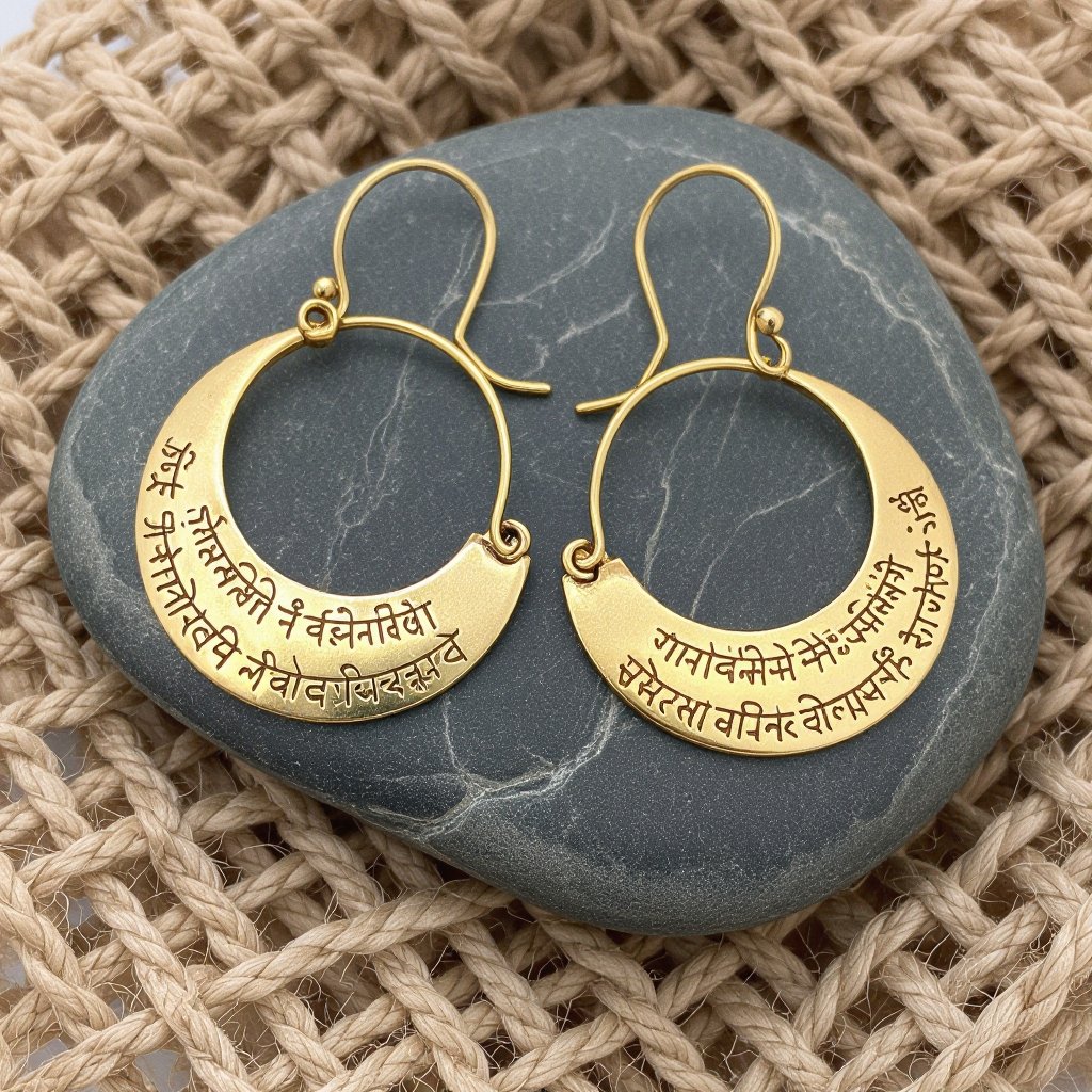 Серьги золотые в форме тонкого изящного полумесяца, полукруг как продолжение застежки, на полукруге надписи мантрами на санскрите