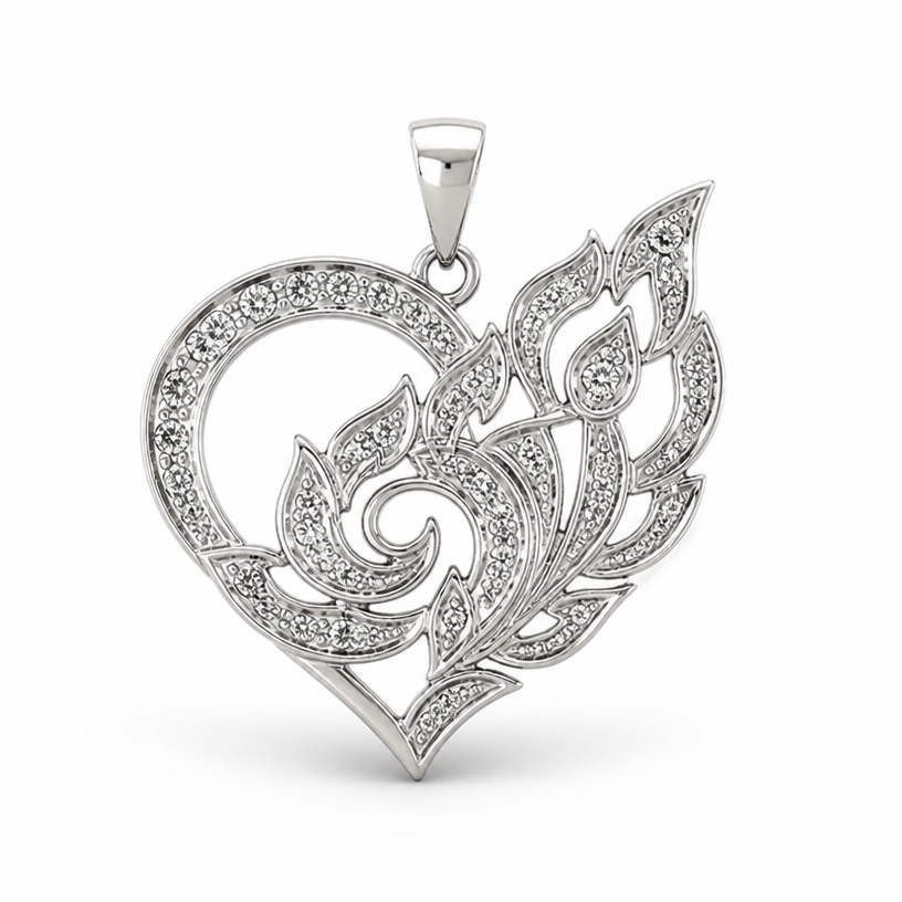 A minimalist women's pendant made of white gold with diamond stones suitable for daily wear. เอาลายไทยมาเป็นส่วนประกอบ, cost 300$, ทรงหัวใจ
using the attached image as a visual reference, create A minimalist women's pendant made of white gold with diamond stones suitable for daily wear. เอาลายไทยมาเป็นส่วนประกอบ, cost 300$, ทรงหัวใจ. photorealistic, just the design no text