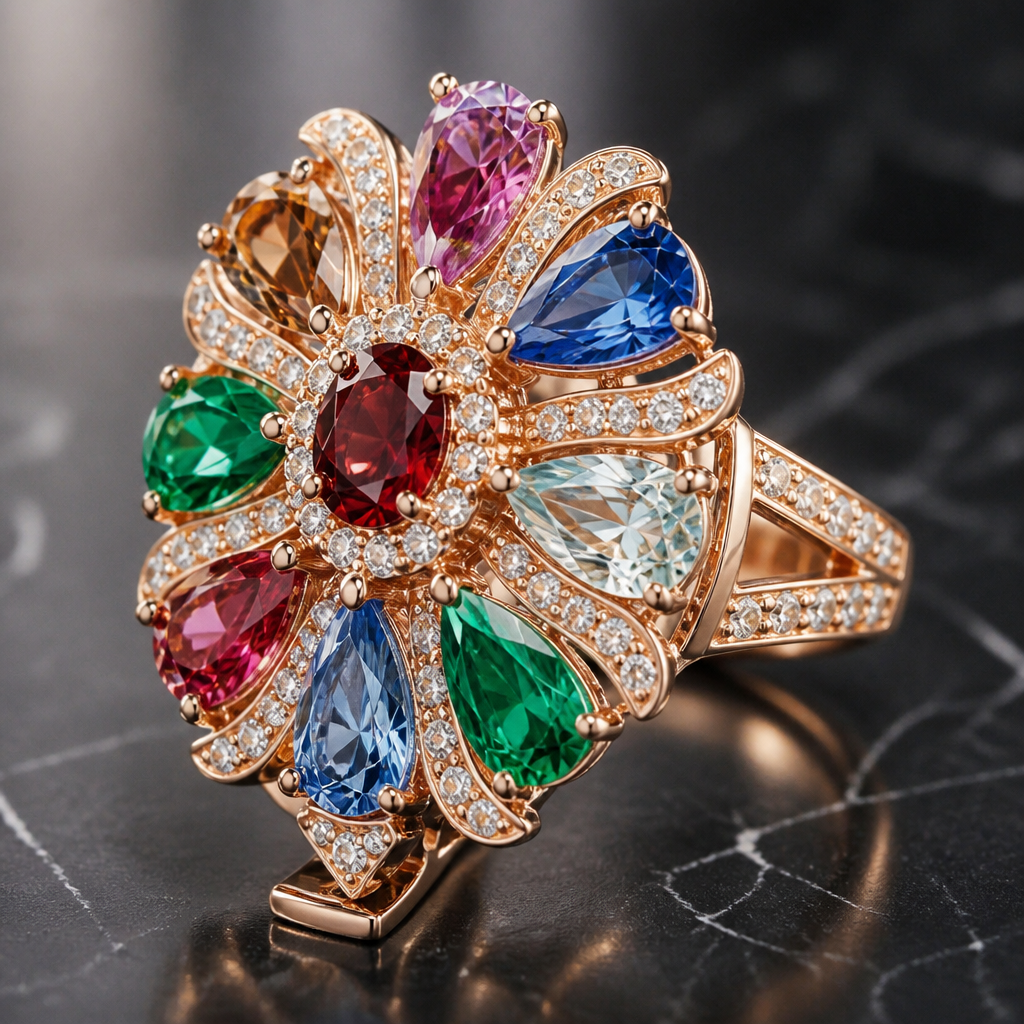 A luxury women's ring made of rose gold with diamond and ruby and emerald and sapphire and topaz and aquamarine stones suitable for formal
photorealistic jewelry design, A luxury women's ring made of rose gold with diamond and ruby and emerald and sapphire and topaz and aquamarine stones suitable for formal, luxury style, just the design no text