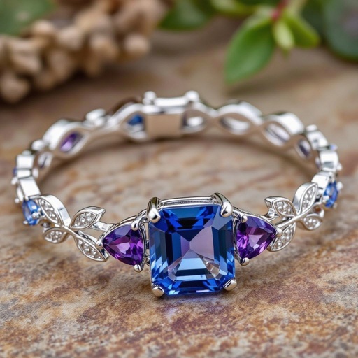 Bracelet with 1 large central tanzanite emerald cut stone with 1 smaller triangle cut amethyst in the right followed by a small round cut garnet and 1 smaller triangle cut to the left followed by a small round cut blue zircon