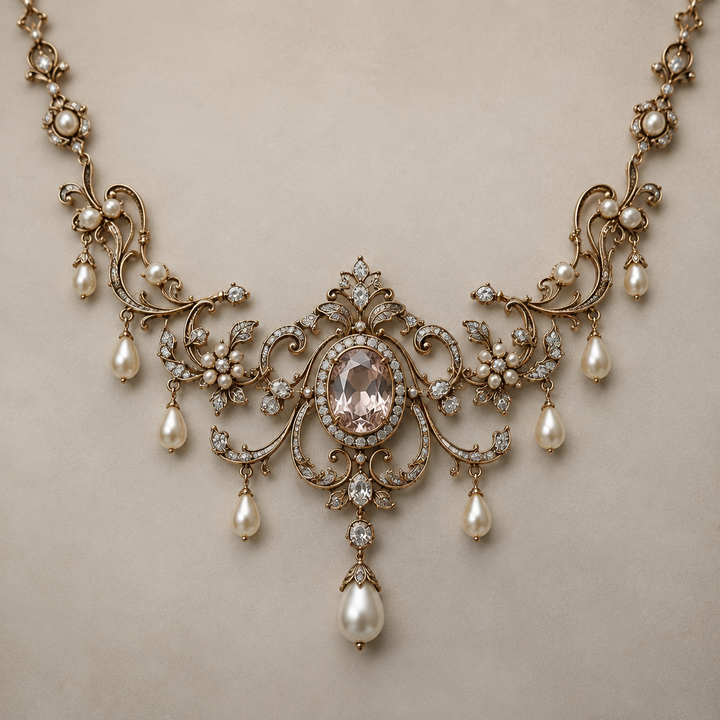 Feminine victorian neclace
photorealistic jewelry design, Feminine victorian neclace, victorian style, just the design no text
