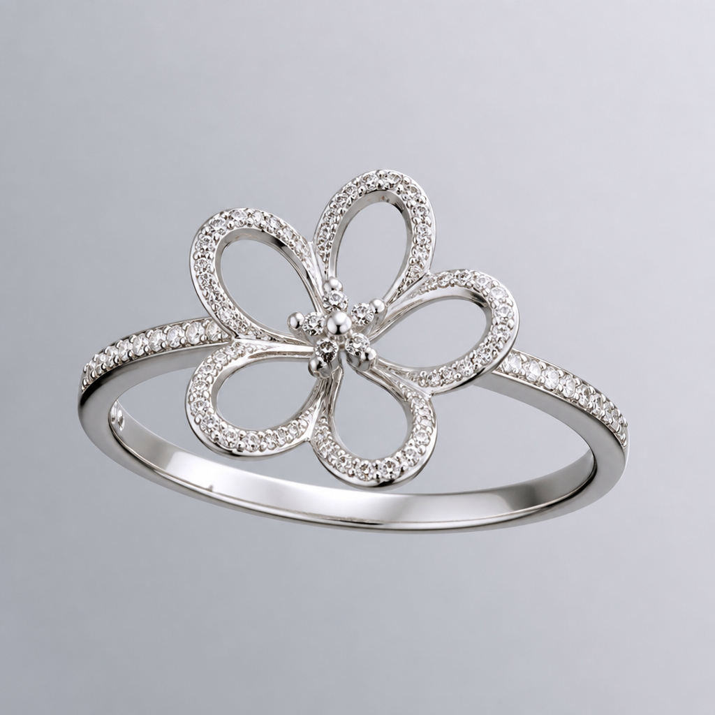 A women's ring made of silver with diamond stones. hibicus ligne fine, (diamand poutours des petales vide, toutes les petales) et delicat ,3 tres petit diamand dans le milieu au bout de la tige interieur de la fleur vide, plus detail, 5 petales chaine de chaque coté, tige qui ne depasse la fleur, minimaliste mince féminin, avec anneau pas de chaine, un peu diamant sur lanneau
photorealistic jewelry design, A women's ring made of silver with diamond stones. hibicus ligne fine, (diamand poutours des petales vide, toutes les petales) et delicat ,3 tres petit diamand dans le milieu au bout de la tige interieur de la fleur vide, plus detail, 5 petales chaine de chaque coté, tige qui ne depasse la fleur, minimaliste mince féminin, avec anneau pas de chaine, un peu diamant sur lanneau, modern style, just the design no text
