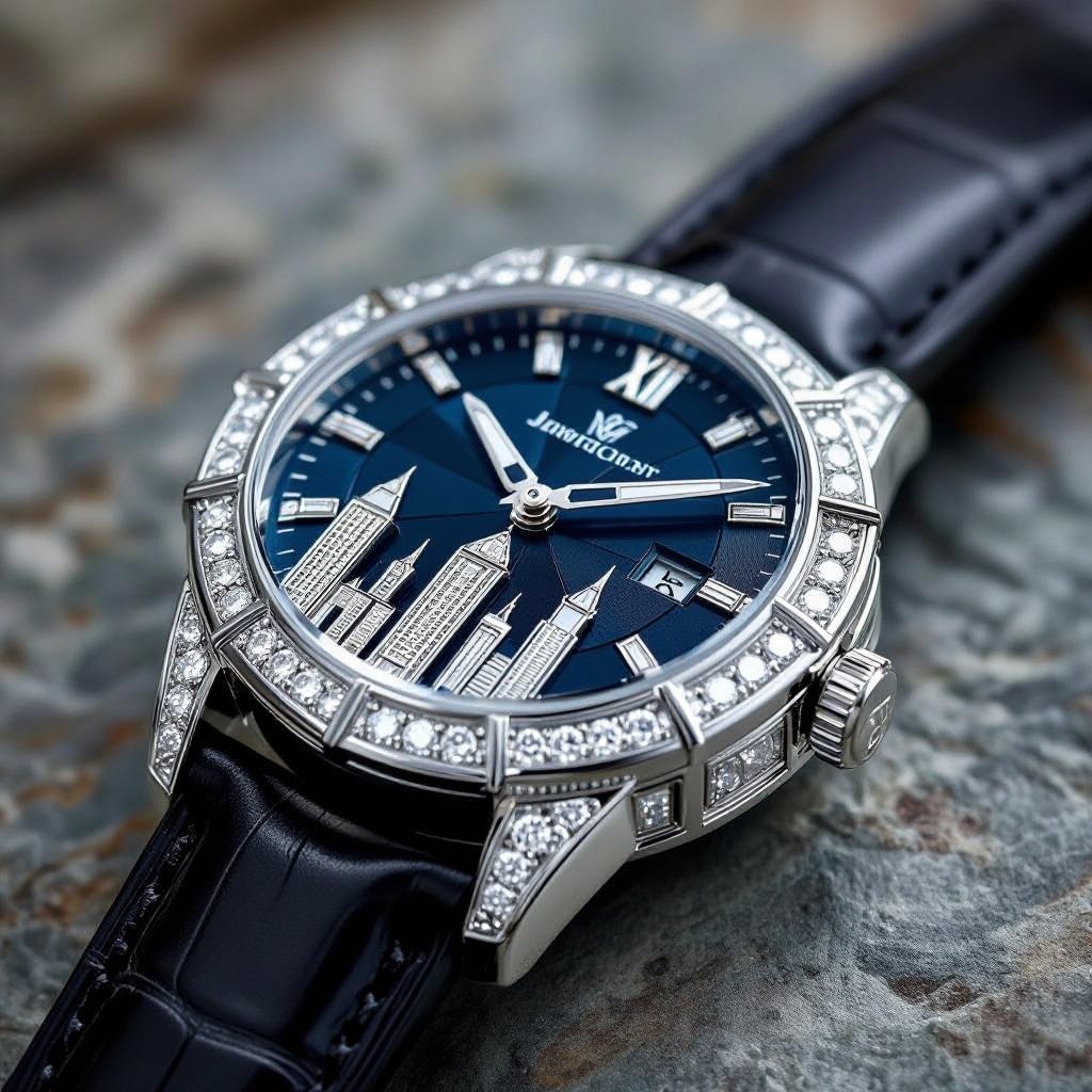 Create a watch of geomatric  shapes and architectural structures and bold edge style of white diamond without any logo or name statement  