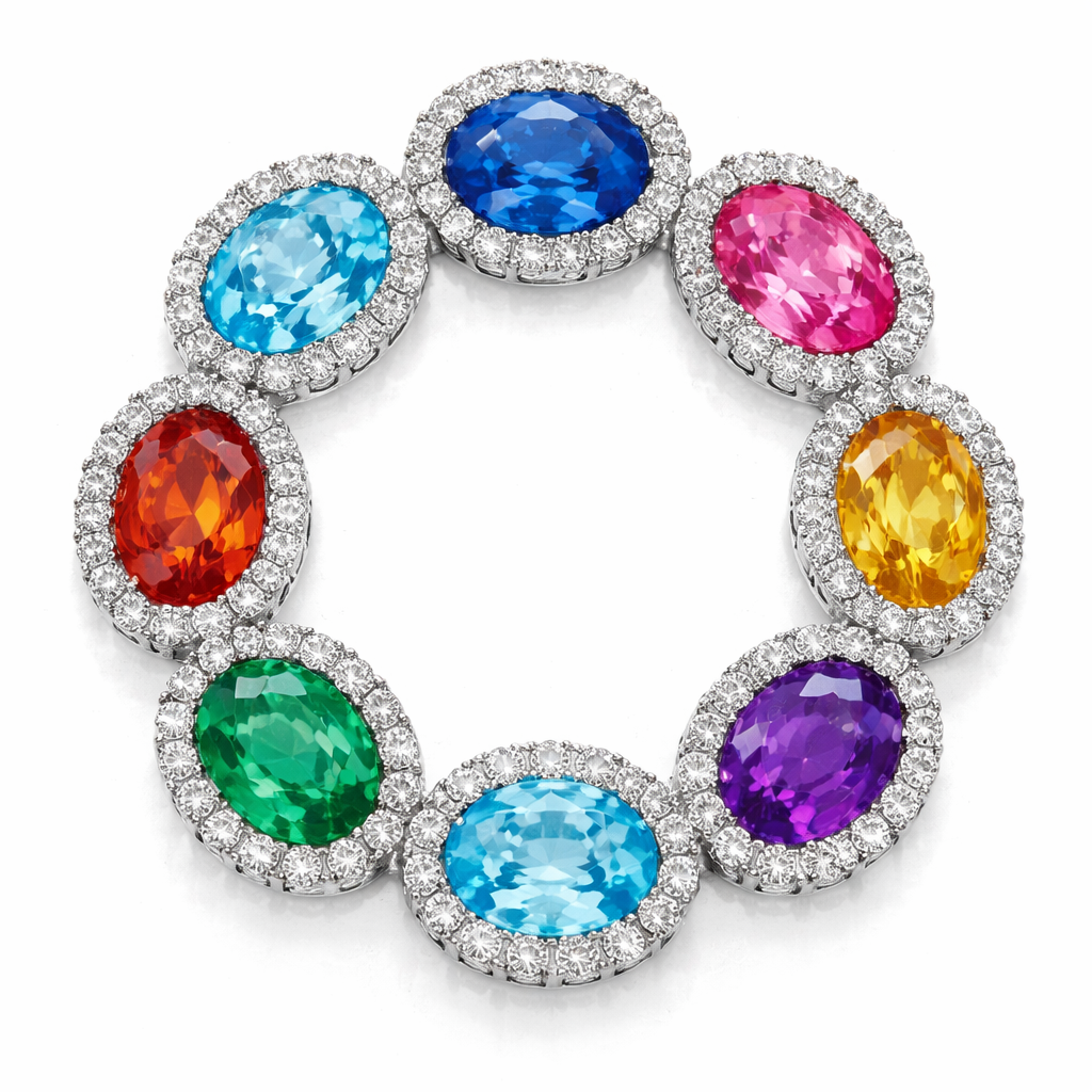 9 stone oval colored gems. Halo around each stone.
9 stone oval colored gems. Halo around each stone. , classic style