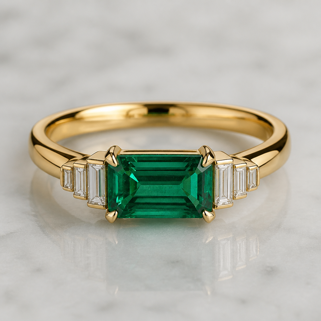A modern women's ring made of gold with emerald and diamond stones. emerald cut emerald east west setting diamond baguette accents
photorealistic jewelry design, A modern women's ring made of gold with emerald and diamond stones. emerald cut emerald east west setting diamond baguette accents, modern style, just the design no text