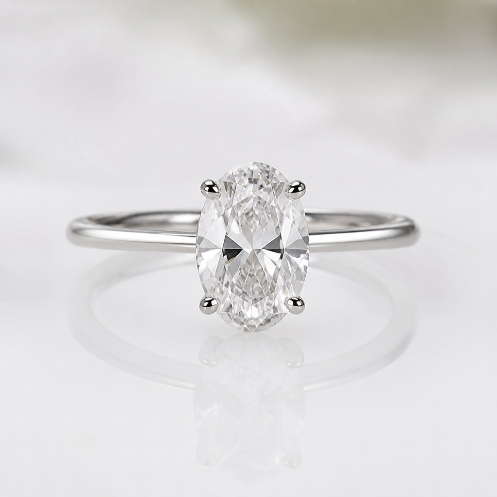A luxury women's ring with diamond stones suitable for wedding, ultra-minimalist, very simple and clean, understated, no embellishments. A 0.70-carat oval diamond is used as the center stone.
photorealistic jewelry design, A luxury women's ring with diamond stones suitable for wedding, ultra-minimalist, very simple and clean, understated, no embellishments. A 0.70-carat oval diamond is used as the center stone., luxury style, just the design no text