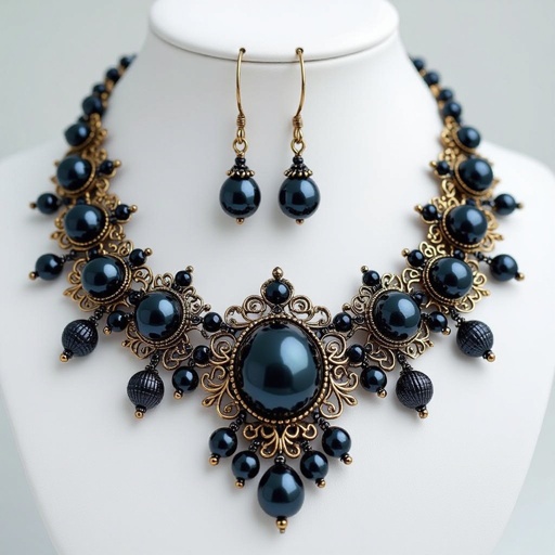 Sea inspired jewelry set, with different blue shades pearls and small shells and golden details