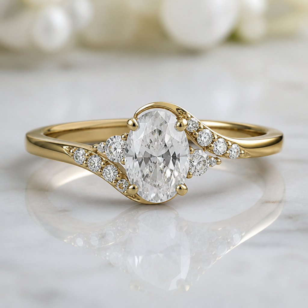 A modern women's ring with diamond stones suitable for wedding. The design is created using an oval diamond of 0.70 ct as the center stone.
photorealistic jewelry design, A modern women's ring with diamond stones suitable for wedding. The design is created using an oval diamond of 0.70 ct as the center stone., modern style, just the design no text