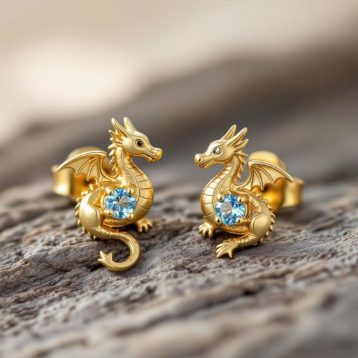 Золотые матовые серьги с изображением дракона узоры и камни мелкие раузтопаз