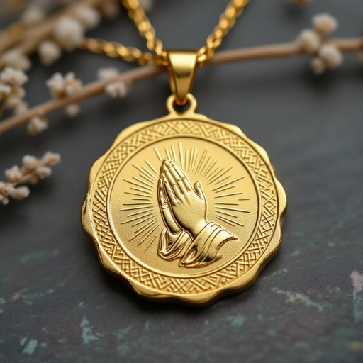 Золотой матовый медальон похожий на мятую монету с неровными краями. По кругу выгравированы изящные узоры. В центре символически изображены ладони, сложенные в молитве и от них исходит свет