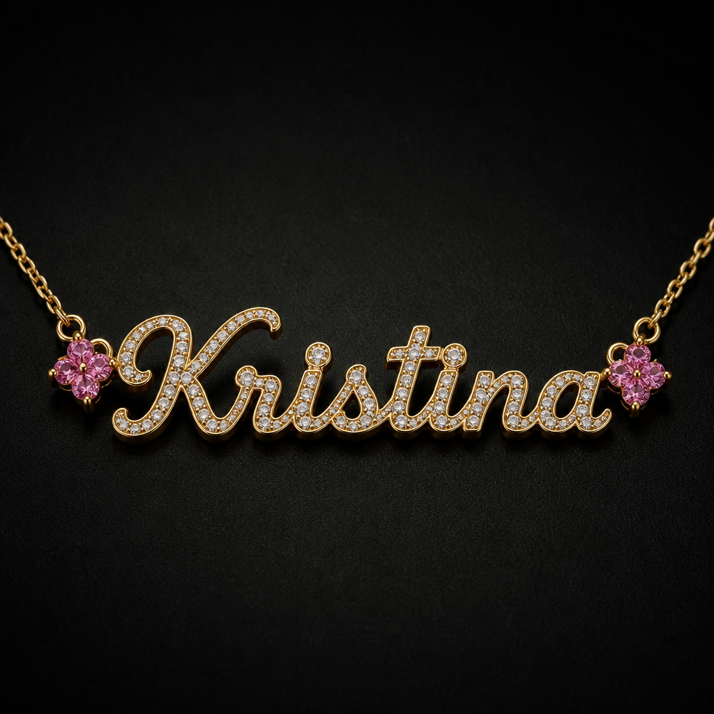 "name "kristina" in gold necklace with diamonds " and gemstone on sides
photorealistic jewelry design, "name "kristina" in gold necklace with diamonds " and gemstone on sides, just the design no text