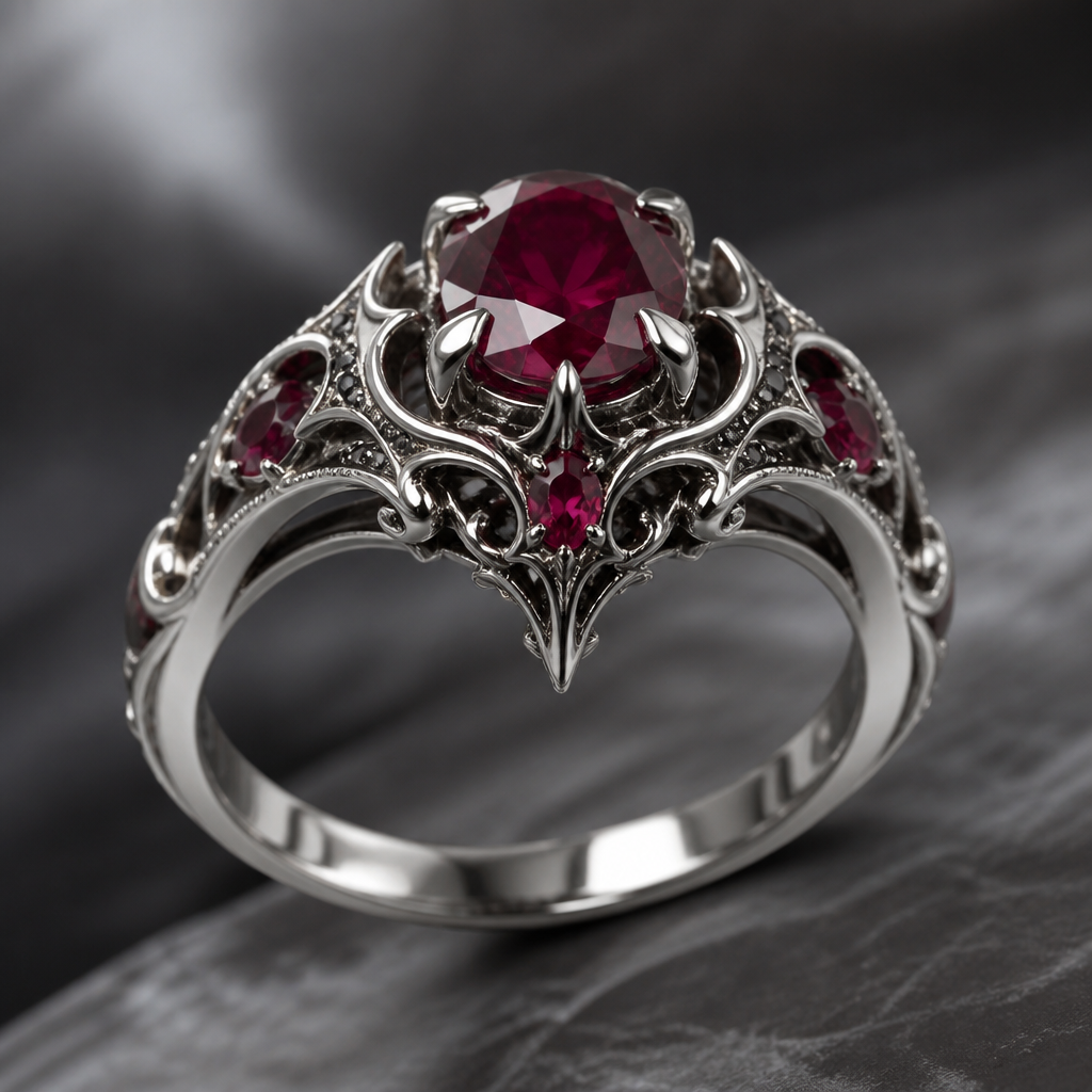 A gothic women's ring made of white gold with ruby stones suitable for birthday
photorealistic jewelry design, A gothic women's ring made of white gold with ruby stones suitable for birthday, gothic style, just the design no text